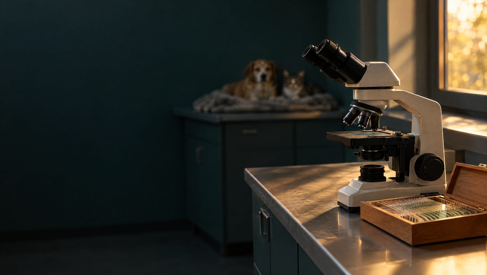 A veterinary laboratory bench at golden hour with a microscope and a slide box, a dog and a cat resting far behind