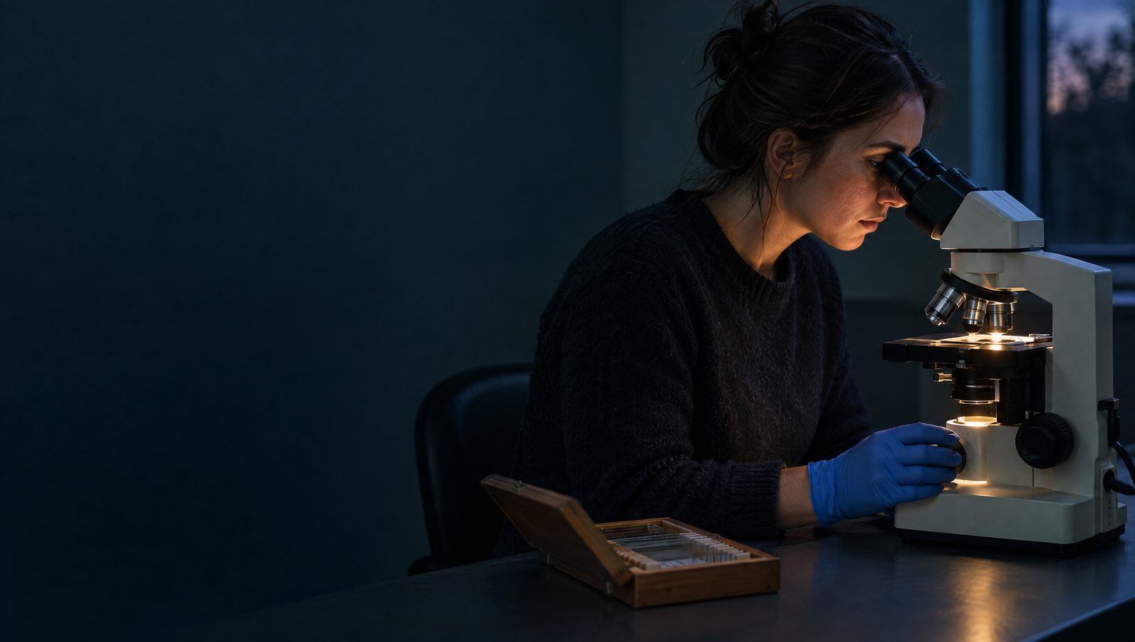 A veterinarian looking through a microscope at dusk in a quiet laboratory